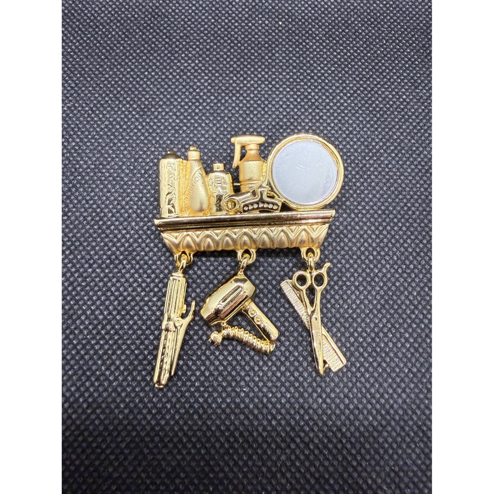 Danecraft Gold Tone Hair Salon Vanity Brooch Pin with Dangling Charms Novelty